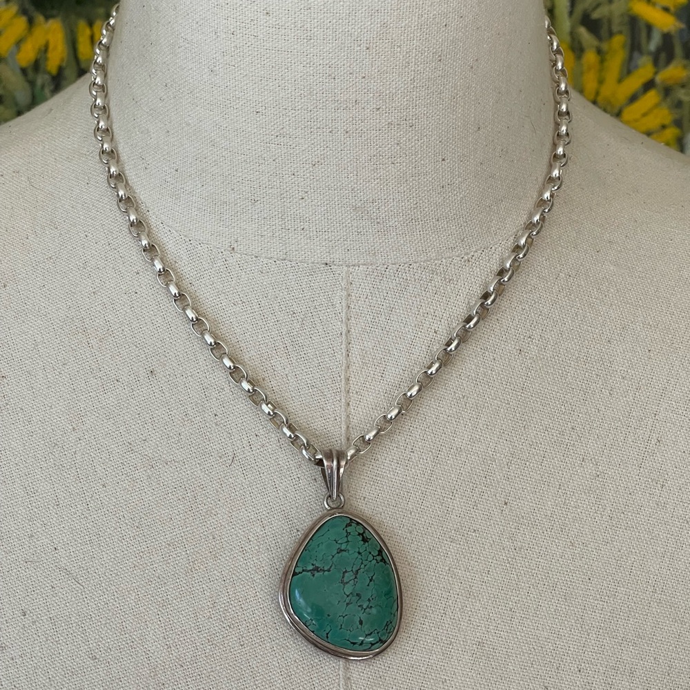 Natural Turquoise Pendant in Sterling Bezel